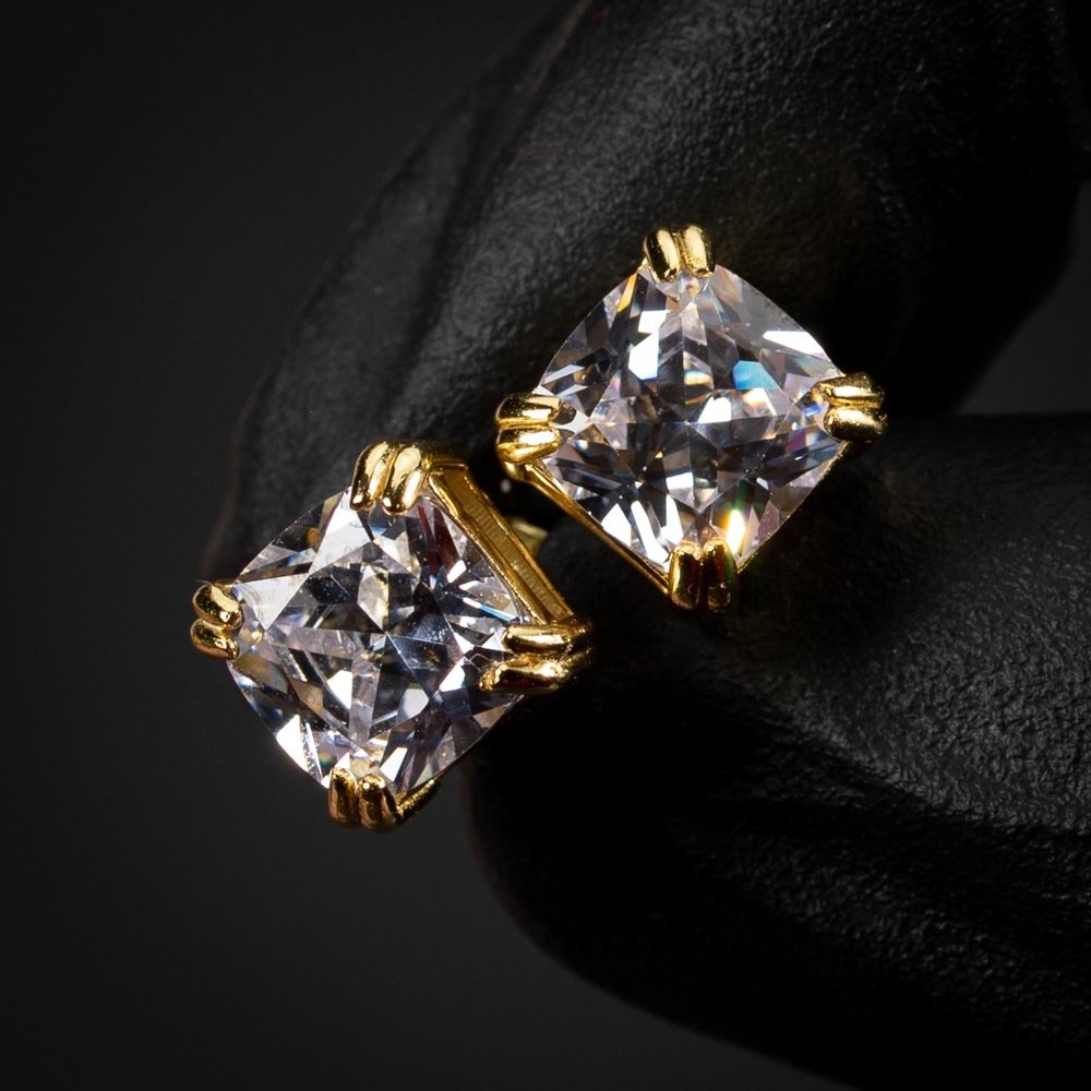Womens Mens Yellow Gold Plated Iced Cushion Cut Best Stud Screw back Earrings